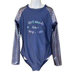 More Than Magic Girls Foil Mermaid Long Sleeve Back Zip 1-PC Swimsuit L 10/12